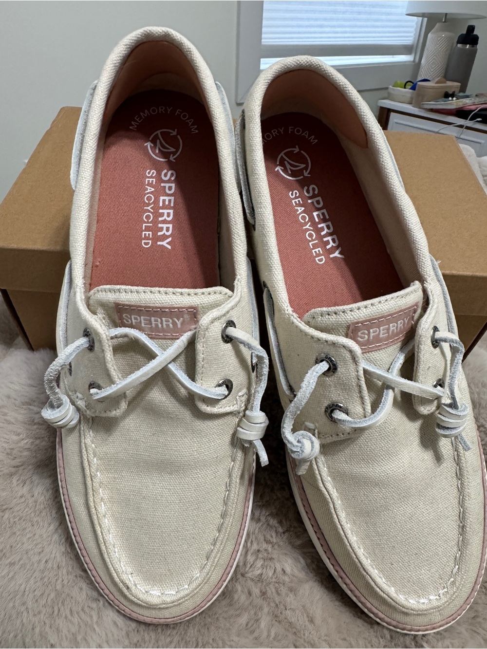 Sperry Women’s Seacycled Canvas Boat Shoes in Off-White with Blush Insole